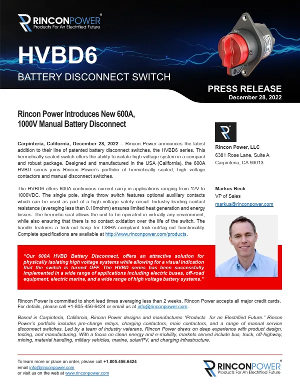 First page of the press release: Rincon Power introduces a new 600 A / 1000 V manual battery disconnect, the HVBD6