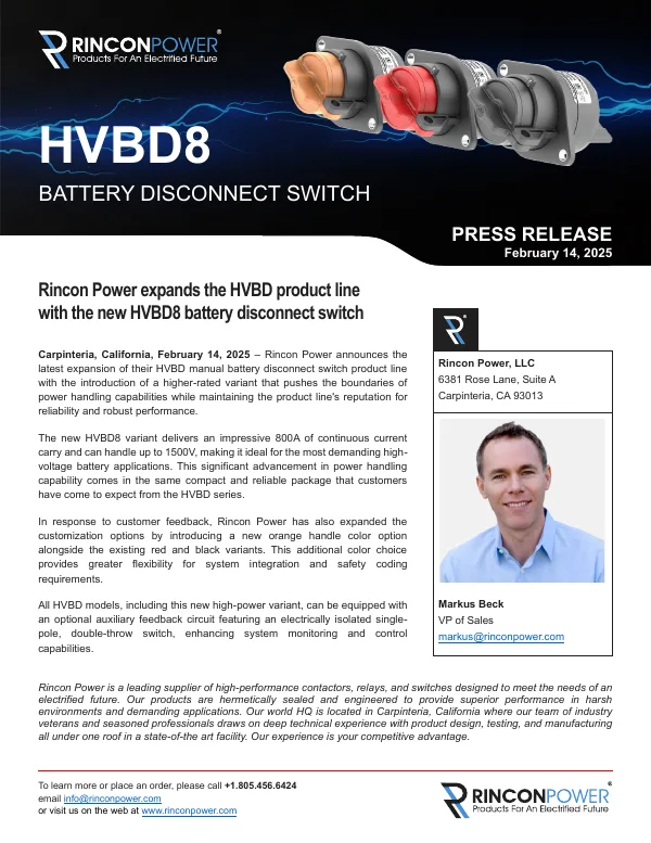 First page of the press release: Rincon Power expands its high voltage battery disconnect line with the HVBD8 800 A / 1500 V disconnect switch