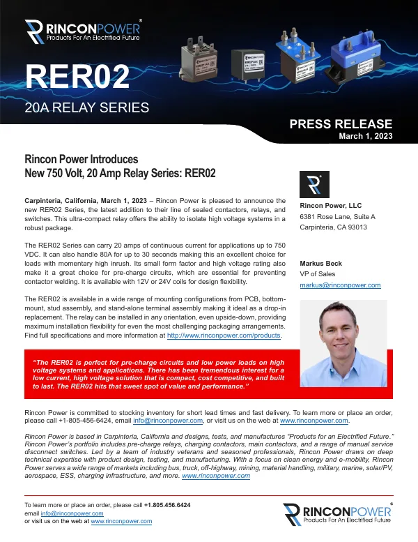 First page of the press release: Rincon Power introduces the RER02 750 V / 20 A relay series