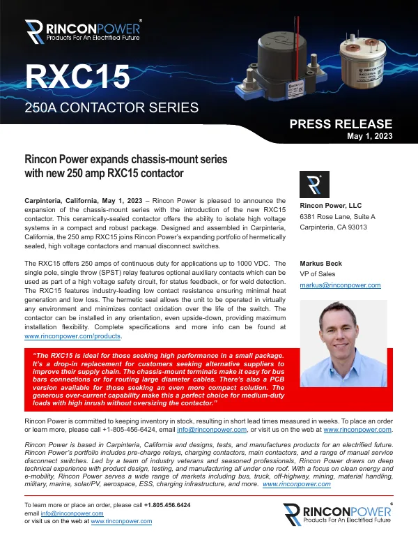 First page of the press release: Rincon Power expands its chassis-mount series with the 250 A RXC15 contactor
