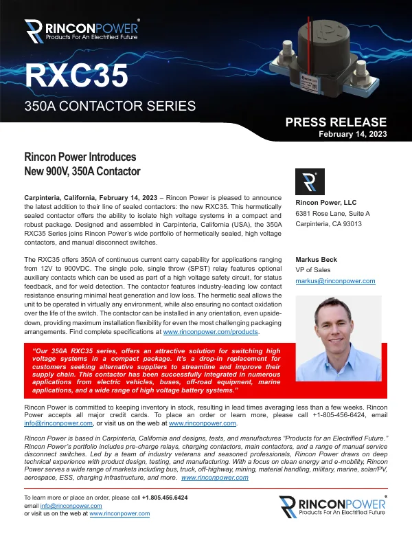 First page of the press release: Rincon Power introduces a new 900 V / 350 A contactor, the RXC35