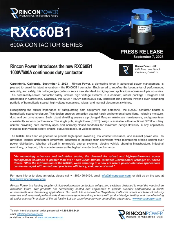 First page of the press release: Rincon Power introduces the RXC60B1 1000 V / 600 A contactor