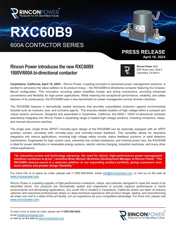 First page of the press release: Rincon Power introduces the RXC60B9 1000 V / 600 A bi-directional contactor