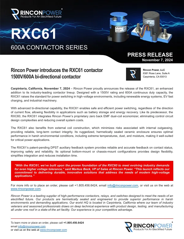 First page of the press release: Rincon Power introduces the RXC61 1500 V / 600 A bi-directional contactor