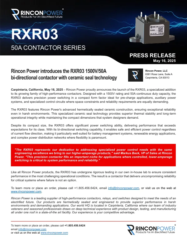 First page of the press release: Rincon Power introduces the RXR03 1500 V / 50 A bi-directional contactor