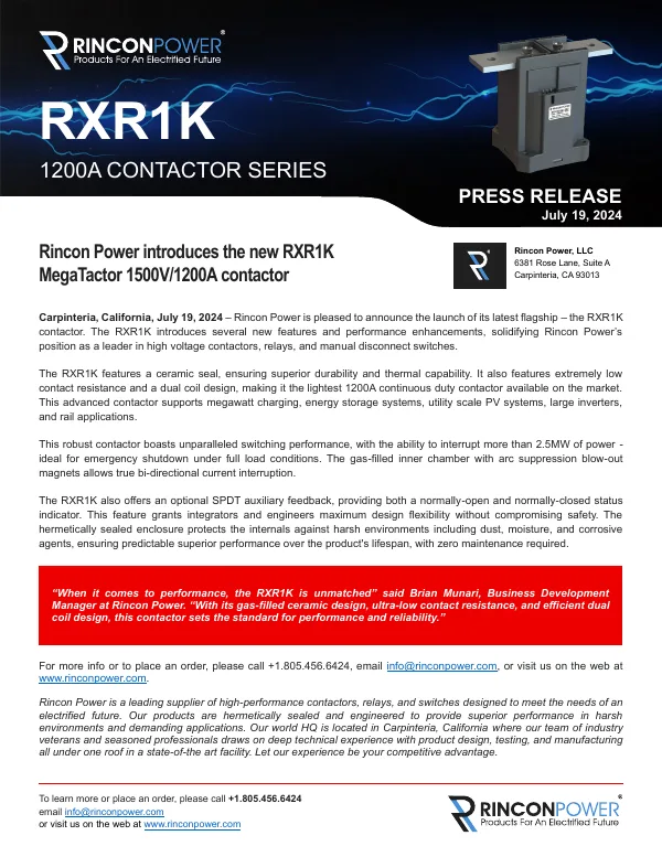 First page of the press release: Rincon Power introduces the RXR1K MegaTactor 1500 V / 1200 A contactor