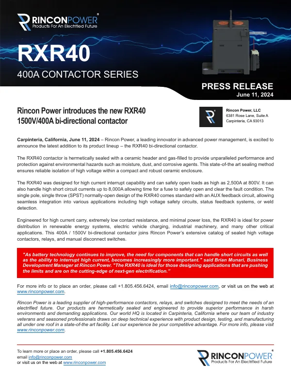 First page of the press release: Rincon Power introduces the RXR40 1500 V / 400 A bi-directional contactor